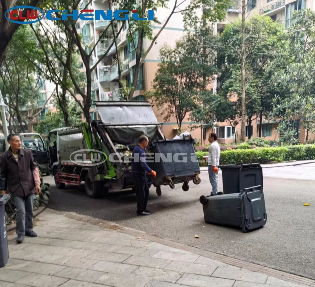 Compressed garbage truck waste collection operation