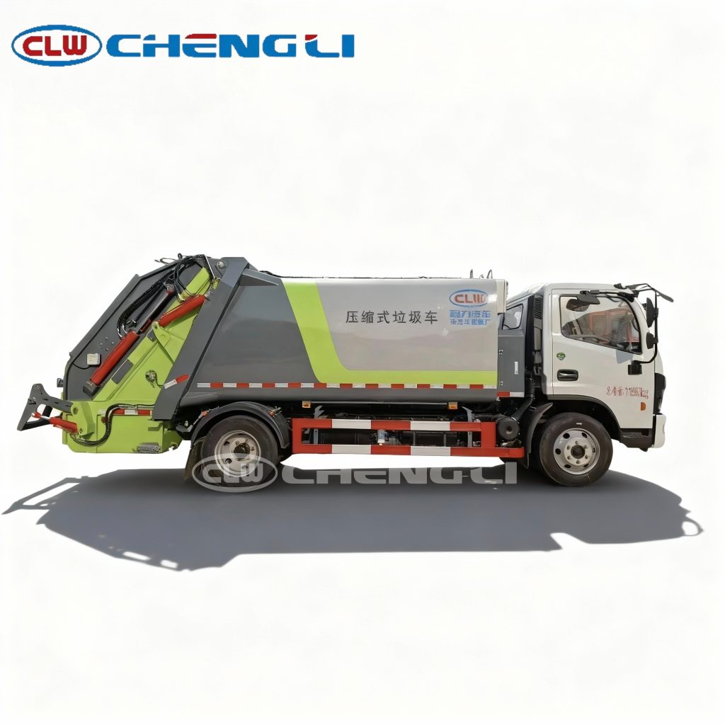 Small garbage compactor truck side view