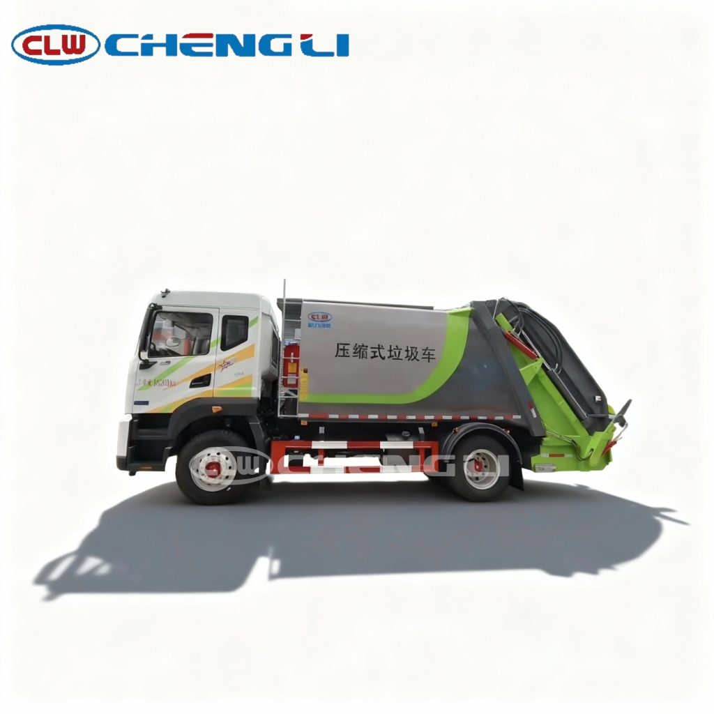 Small garbage compactor truck side view