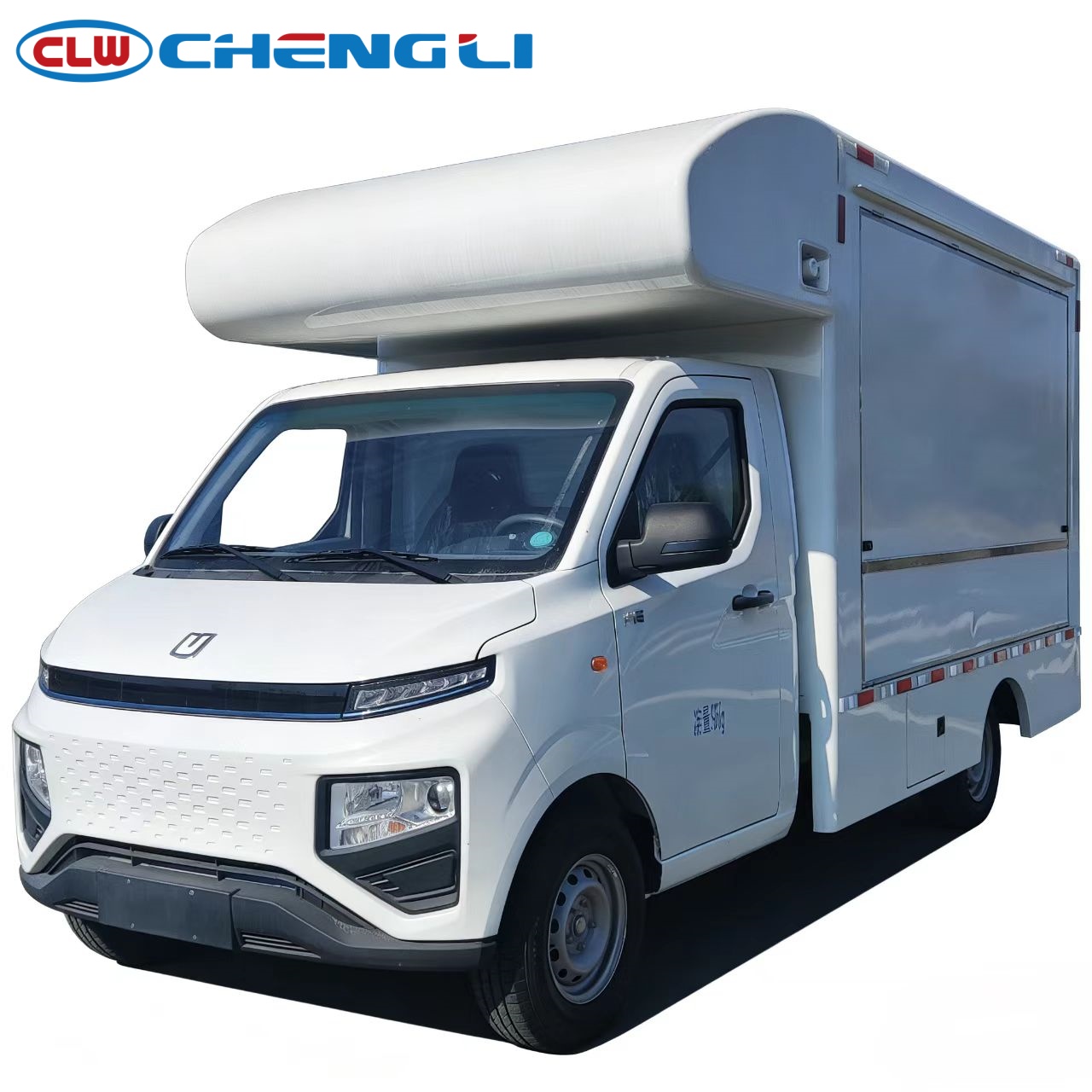 GEELY Electric Food Truck: 3360mm wheelbase, 46kWh battery, insulated box with side counters & storage**, plus 220V power and USB speakers.