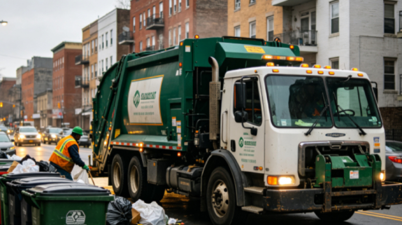 Compactor Garbage Truck working on the street