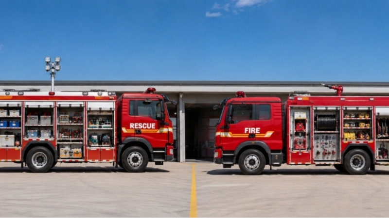 Fire Rescue Truck against Fire Engine