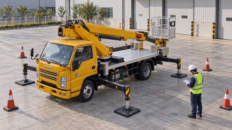 Aerial work platform truck with extended outriggers and support pads during a site inspection