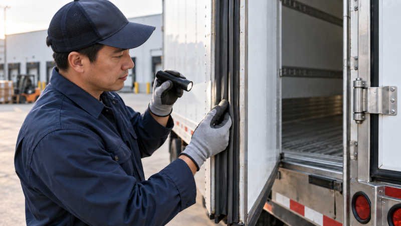 Technician inspecting refrigerated trailer door seals