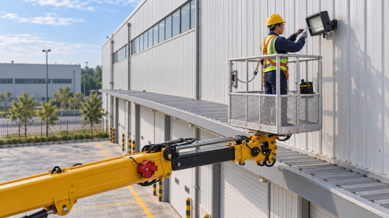 Worker in a truck-mounted aerial work platform maintaining a warehouse wall light near a canopy