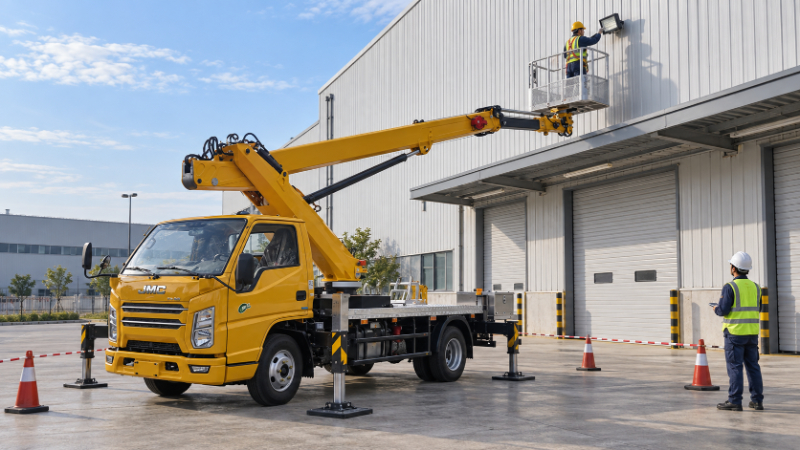Aerial work platform truck for sale operating outside a warehouse